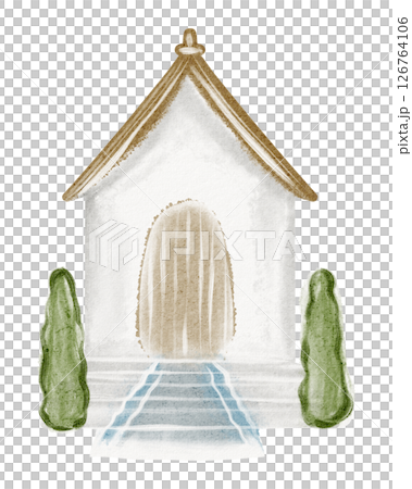 Watercolor Illustration of Rural Church with Steeple and Cross 126764106