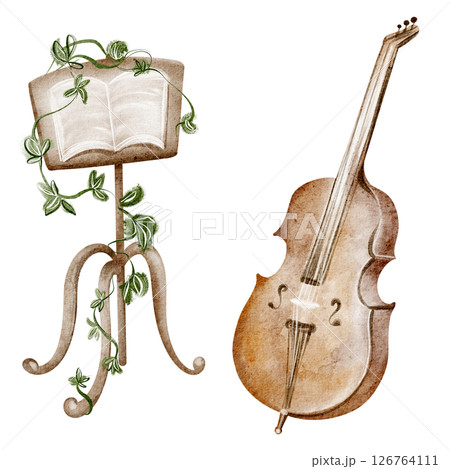 Watercolor Illustration of Double Bass with Sheet Music and Stand 126764111