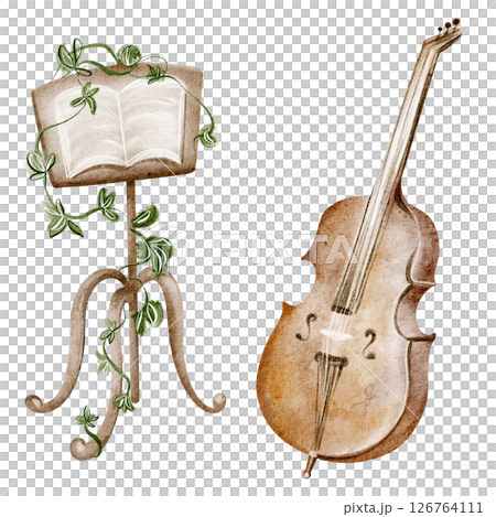 Watercolor Illustration of Double Bass with Sheet Music and Stand 126764111