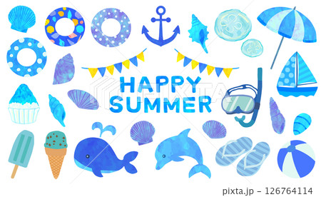 夏の素材セット 青色 ベクター素材 夏の素材セット 青色 ベクター素材 126764114