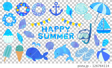 夏の素材セット 青色 ベクター素材 夏の素材セット 青色 ベクター素材 126764114