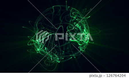 Vivid green abstract sphere made of dynamic swirling light trails, symbolizing energy, nature, and technology fusion 126764204