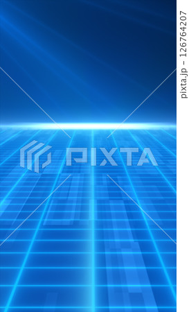 Futuristic grid platform glowing with neon blue lines, evoking a high-tech, digital landscape 126764207