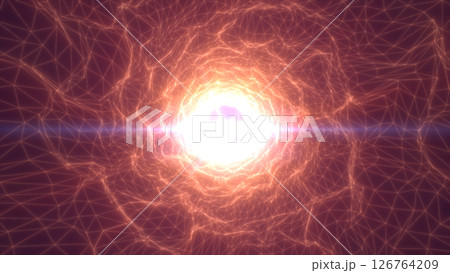 Abstract golden energy core surrounded by glowing mesh network, creating a tunnel with radiating light beams 126764209