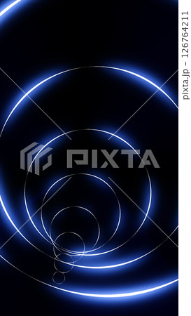 Concentric glowing blue rings forming a tunnel illusion in a dark futuristic background 126764211