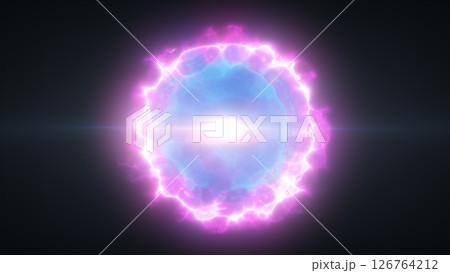 Glowing purple-blue energy sphere with soft light waves and a dreamy sci-fi ambiance against a dark background 126764212