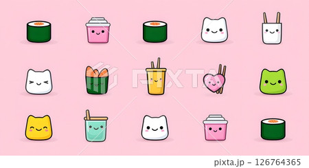 A delightful collection of cute food illustrations featuring various cartoon-style sushi, snacks, and beverages on a pastel pink background, perfect for kids and fun designs. 126764365