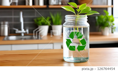 A fresh green plant growing in a glass jar with a recycle symbol, symbolizing sustainability and eco-friendly practices in modern kitchen environments. 126764454
