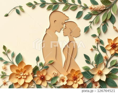 Earthy Paper Cut Couple with Natural Floral Design 126764521
