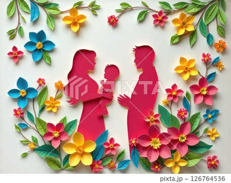 ibrant Paper Cut Family with Colorful Floral Design ibrant Paper Cut Family with Colorful Floral Design 126764536