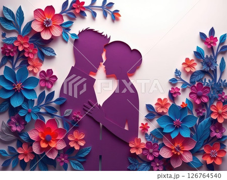 Paper Cut Couple in Romantic Floral Embrace 126764540