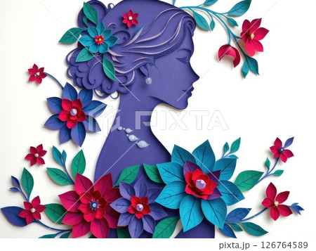 Beautiful Woman in Jewel-Toned Paper Cut Floral 126764589