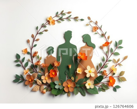 Earthy Paper-Cut Abstract Figures with Floral Art 126764606