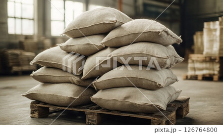 Stacked burlap bags on pallet in factory warehouse 126764800