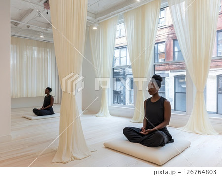 Two women meditating in a light-filled urban studio 126764803