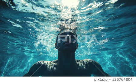Underwater Man, Peaceful, Pool, Sunlight Streaking 126764804