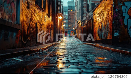 Urban alleyway at dusk, graffiti walls, cobblestone path, city buildings in background 126764805