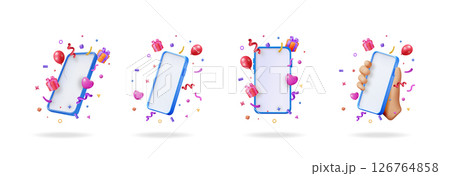 Set of 3D smartphone with colorful festive confetti 126764858