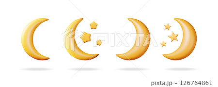 Set of 3d vector golden crescent moon and star 126764861