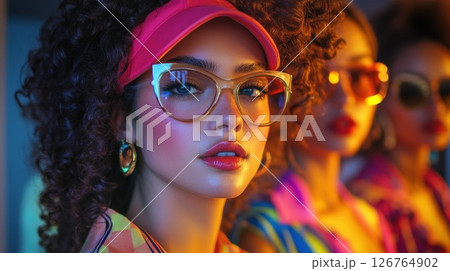 Trendy women in vibrant 80s fashion, close-up, colorful background,  possible use for fashion magazine or social media 126764902