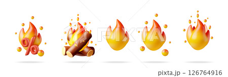 Set of 3d flames with percent sign and bonfire 126764916