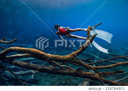 Freediver woman with fins swims underwater between sunken wooden logs in lake. Freediving in blue crystal lake 126764951