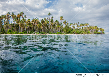 Paradise beach with palm trees and blue ocean on tropical island in Indonesia. Scenic view from water. Paradise beach with palm trees and blue ocean on tropical island in Indonesia. Scenic view from water. 126764952