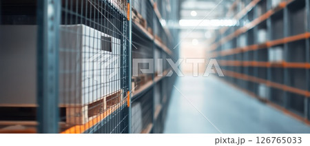 Storage aisle filled with boxes in a warehouse 126765033