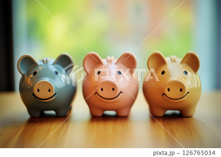 Colorful piggy banks lined up on a wooden table 126765034