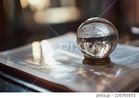 Clear crystal ball on an open vintage book Clear crystal ball on an open vintage book 126765053