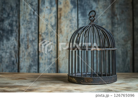 Vintage metal birdcage on wooden table Vintage metal birdcage on wooden table 126765096