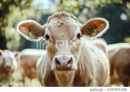 Curious calf in a sunny meadow with cows nearby 126765106