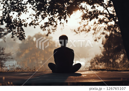 Relaxing meditation at sunset by the lake 126765107