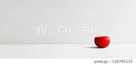 Vibrant red bowl positioned on a minimalist table 126765133