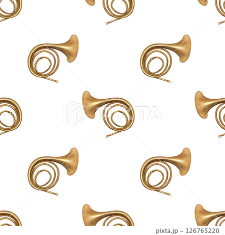 Watercolor bronze French horns seamless pattern isolated on white background. Wood wind vintage horn. Classical music woodwind instrument for stationery, textiles, packaging, home decor. 126765220