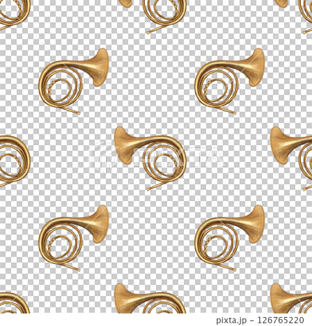 Watercolor bronze French horns seamless pattern isolated on white background. Wood wind vintage horn. Classical music woodwind instrument for stationery, textiles, packaging, home decor. 126765220