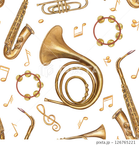 Music instruments and musical golden notes seamless pattern isolated background. Watercolor saxophone, trumpet, French horn illustration for jazz festival, music school materials, elegant packaging. Music instruments and musical golden notes seamless pattern isolated background. Watercolor saxophone, trumpet, French horn illustration for jazz festival, music school materials, elegant packaging. 126765221