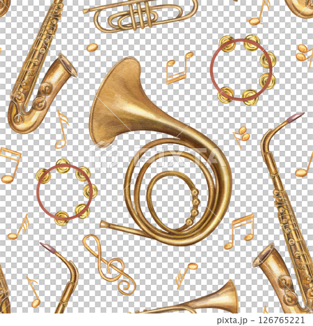 Music instruments and musical golden notes seamless pattern isolated background. Watercolor saxophone, trumpet, French horn illustration for jazz festival, music school materials, elegant packaging. Music instruments and musical golden notes seamless pattern isolated background. Watercolor saxophone, trumpet, French horn illustration for jazz festival, music school materials, elegant packaging. 126765221