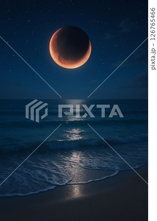 月食が照らす幻想的な夏の海 126765466