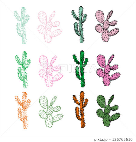 Two Mexican cacti types in stylish pink and green shades vector set painted in linear style. Opuntia and other cactus graphic sketch clip art minimalist style. For trendy packaging, fashion prints. Two Mexican cacti types in stylish pink and green shades vector set painted in linear style. Opuntia and other cactus graphic sketch clip art minimalist style. For trendy packaging, fashion prints. 126765610