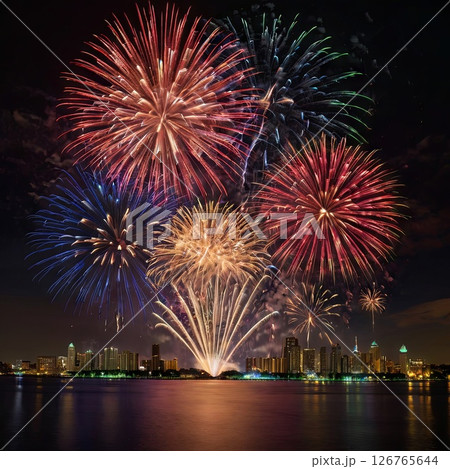 Multicolored fireworks over the night metropolis. Independence Day celebration concept, 4th of July America, banner for the store 126765644