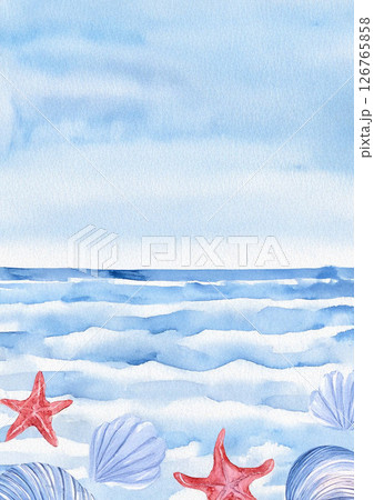 Coastal landscape featuring seashells and a serene ocean view 126765858