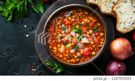 Lentil soup with vegetables and herbs in bowl with bread slices on side. 126765891