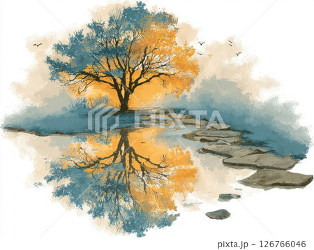 Serene Sunset Landscape with Tree Reflection 126766046