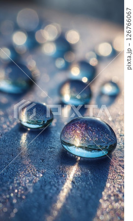 Close Up of Water Droplets on Blue Surface Close Up of Water Droplets on Blue Surface 126766067