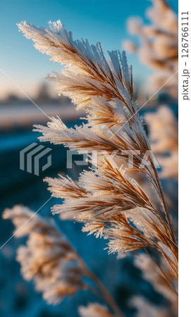 Frost Covered Grass Blades in Winter Landscape 126766111