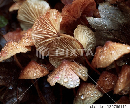 Closeup of Brown Mushrooms with Dew Drops 126766112