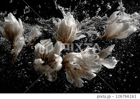 White Flowers Submerged in Water with Bubbles 126766161
