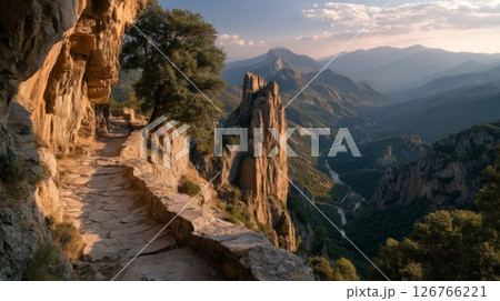 Mountain Valley Path at Sunset: A Scenic Landscape 126766221