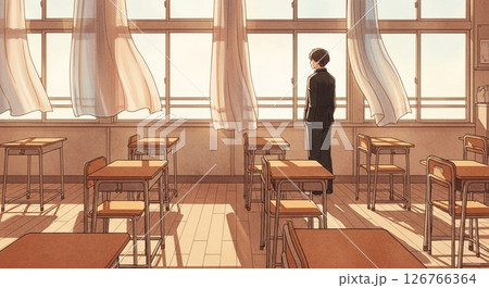 夏の教室でたたずむ男子高校生の後ろ姿（水彩調） 126766364